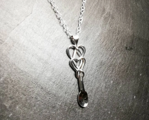 Double Heart Love Spoon Necklace - Sterling Silver, Handmade
