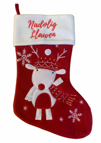Red Reindeer Christmas Stocking with 'Nadolig Llawen'