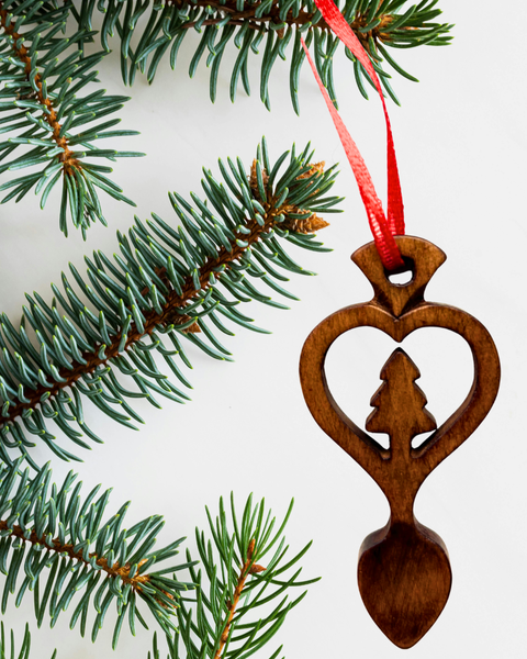 Dark Wood Mini Lovespoon Christmas Decoration with Tree