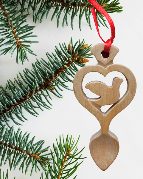 Light Wood Mini Lovespoon Christmas Decoration with Dove