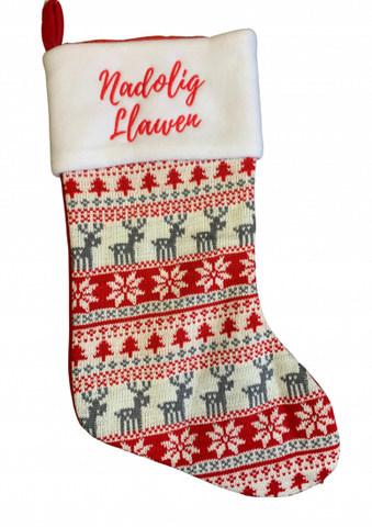 Red Patterned Christmas Stocking with 'Nadolig Llawen'