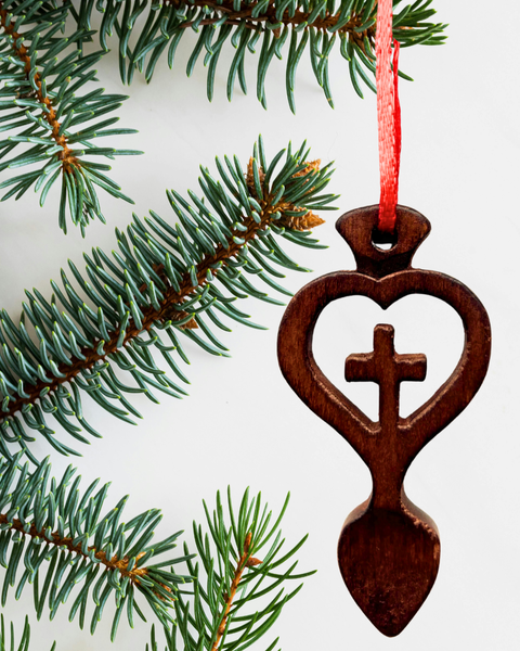 Dark Wood Mini Lovespoon Christmas Decoration with Cross