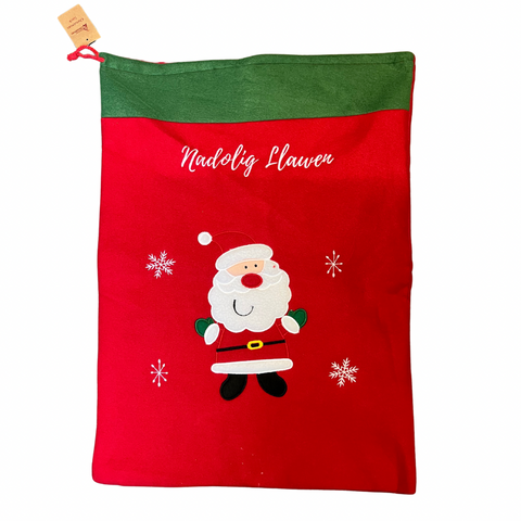 Red and Green Santa Christmas Sack with 'Nadolig Llawen'