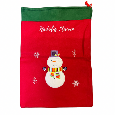 Red and Green Snowman Christmas Sack with 'Nadolig Llawen'