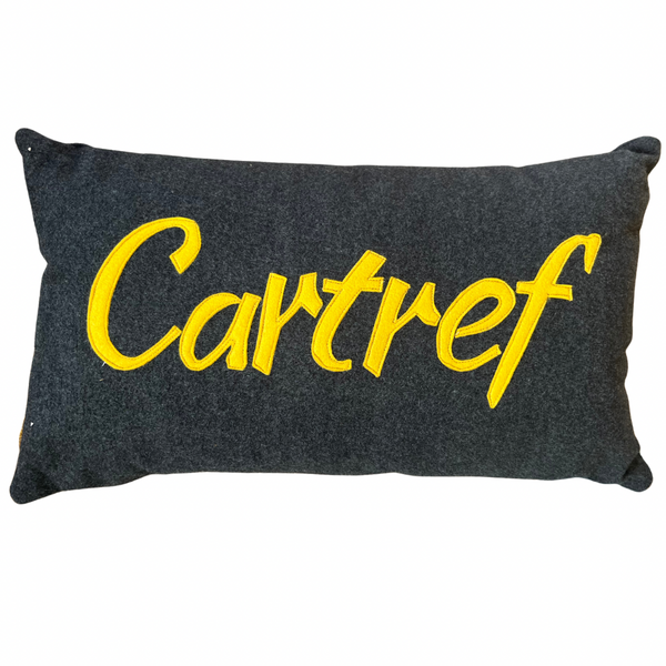 Cartref - Grey Wool cushion with text in Mustard