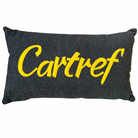Cartref - Grey Wool cushion with text in Mustard