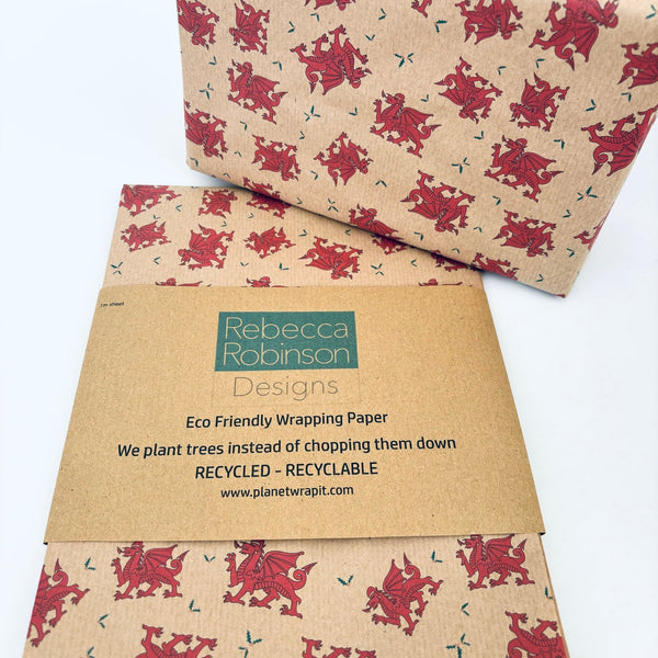 Christmas Welsh Dragon and Holly Gift Wrap - Recycled Kraft Wrapping Paper