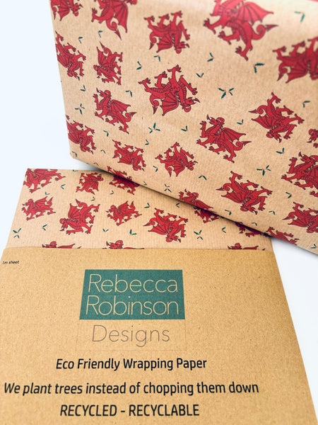 Christmas Welsh Dragon and Holly Gift Wrap - Recycled Kraft Wrapping Paper