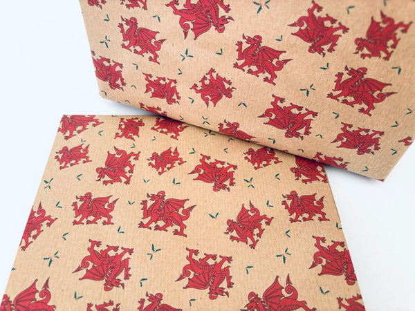 Christmas Welsh Dragon and Holly Gift Wrap - Recycled Kraft Wrapping Paper