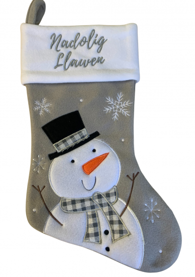 Silver Snowman Christmas Stocking with 'Nadolig Llawen'