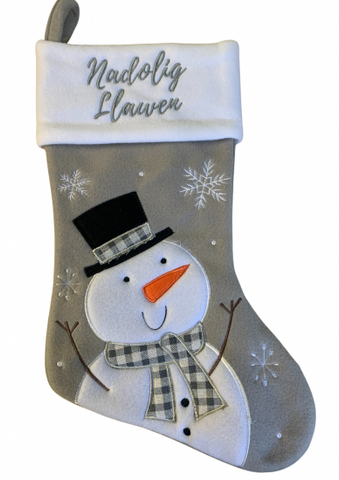Silver Snowman Christmas Stocking with 'Nadolig Llawen'
