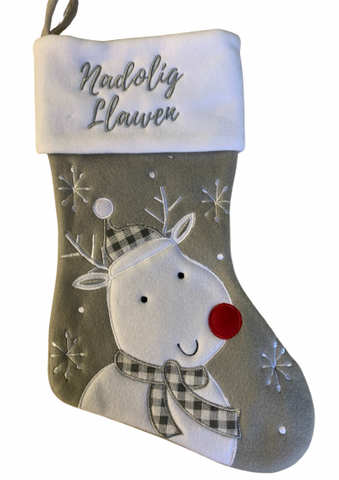 Silver Reindeer Christmas Stocking with 'Nadolig Llawen'
