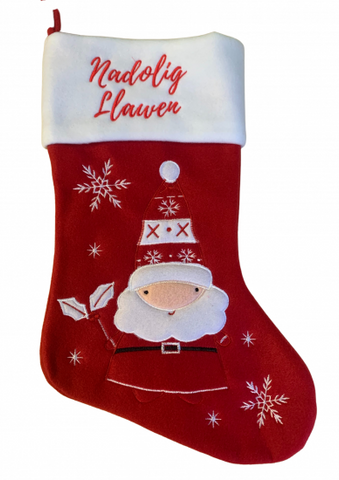 Red Santa Christmas Stocking with 'Nadolig Llawen'