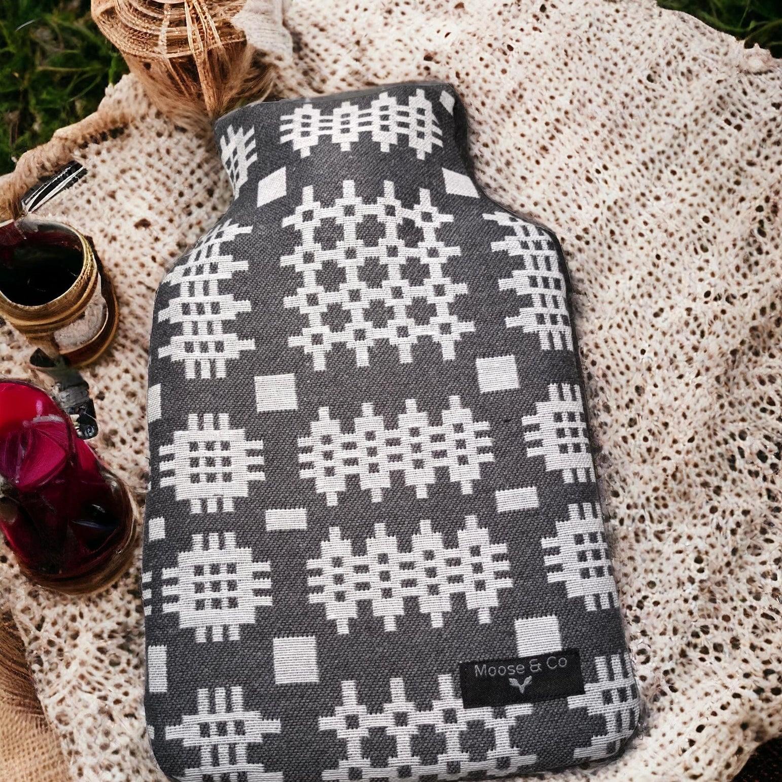 Welsh Tapestry Blanket Print Hot Water Bottle Cover - Grey