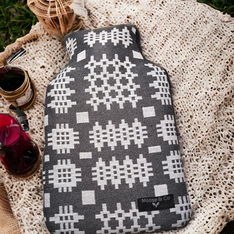 Welsh Tapestry Blanket Print Hot Water Bottle Cover - Grey