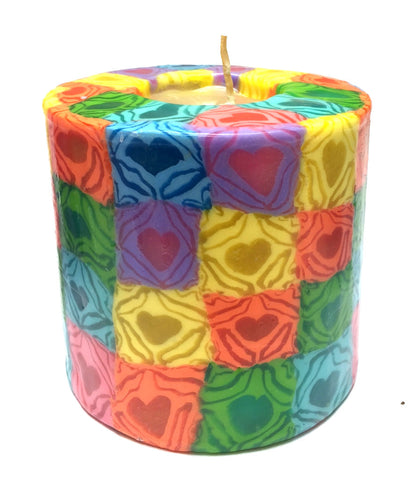 Multicoloured Hearts Pillar Candle