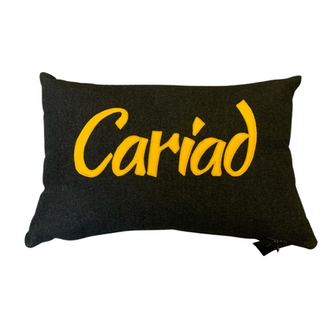 Grey Wool cushion with Cariad in Mustard