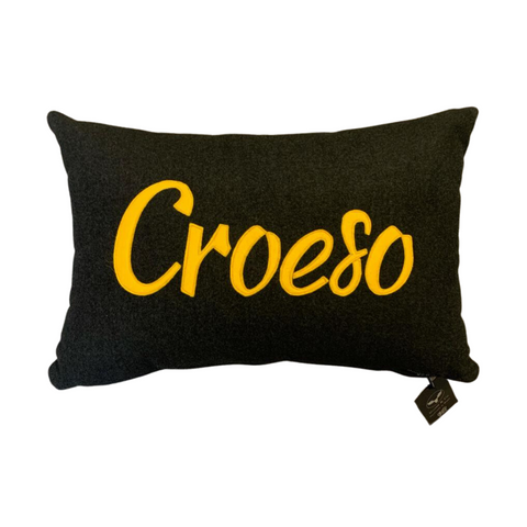 Grey Wool cushion with Croeso in Mustard