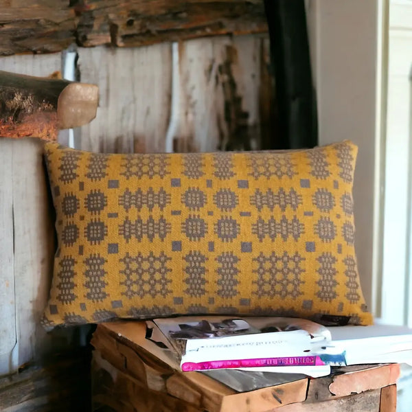 Welsh Tapestry Print Cushion - Mustard