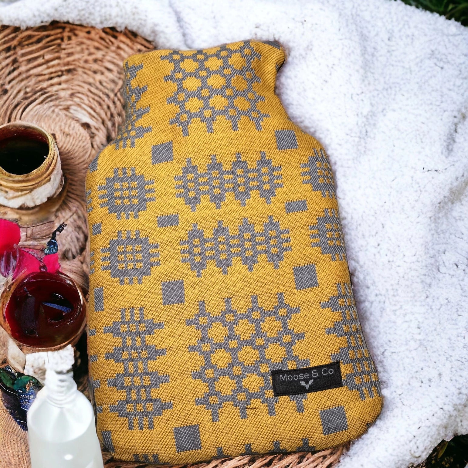 Welsh Tapestry Blanket Print Hot Water Bottle Cover - Mustard Yellow