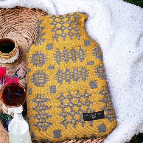 Welsh Tapestry Blanket Print Hot Water Bottle Cover - Mustard Yellow