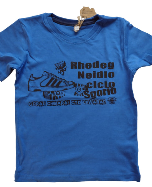 Child's Blue T-Shirt - Rhedeg, Neidio, Cicio, Sgorio - Shwl Di Mwl