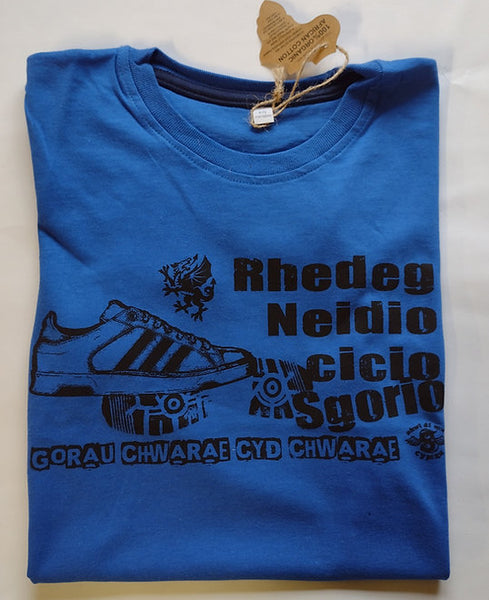Child's Blue T-Shirt - Rhedeg, Neidio, Cicio, Sgorio - Shwl Di Mwl