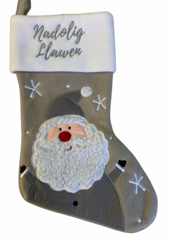Silver Santa Christmas Stocking with 'Nadolig Llawen'