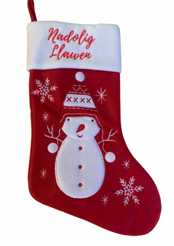 Red Snowman Christmas Stocking with 'Nadolig Llawen'