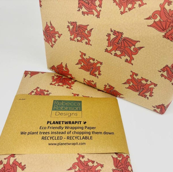 Welsh Dragons Gift Wrap - Recycled Kraft Wrapping Paper